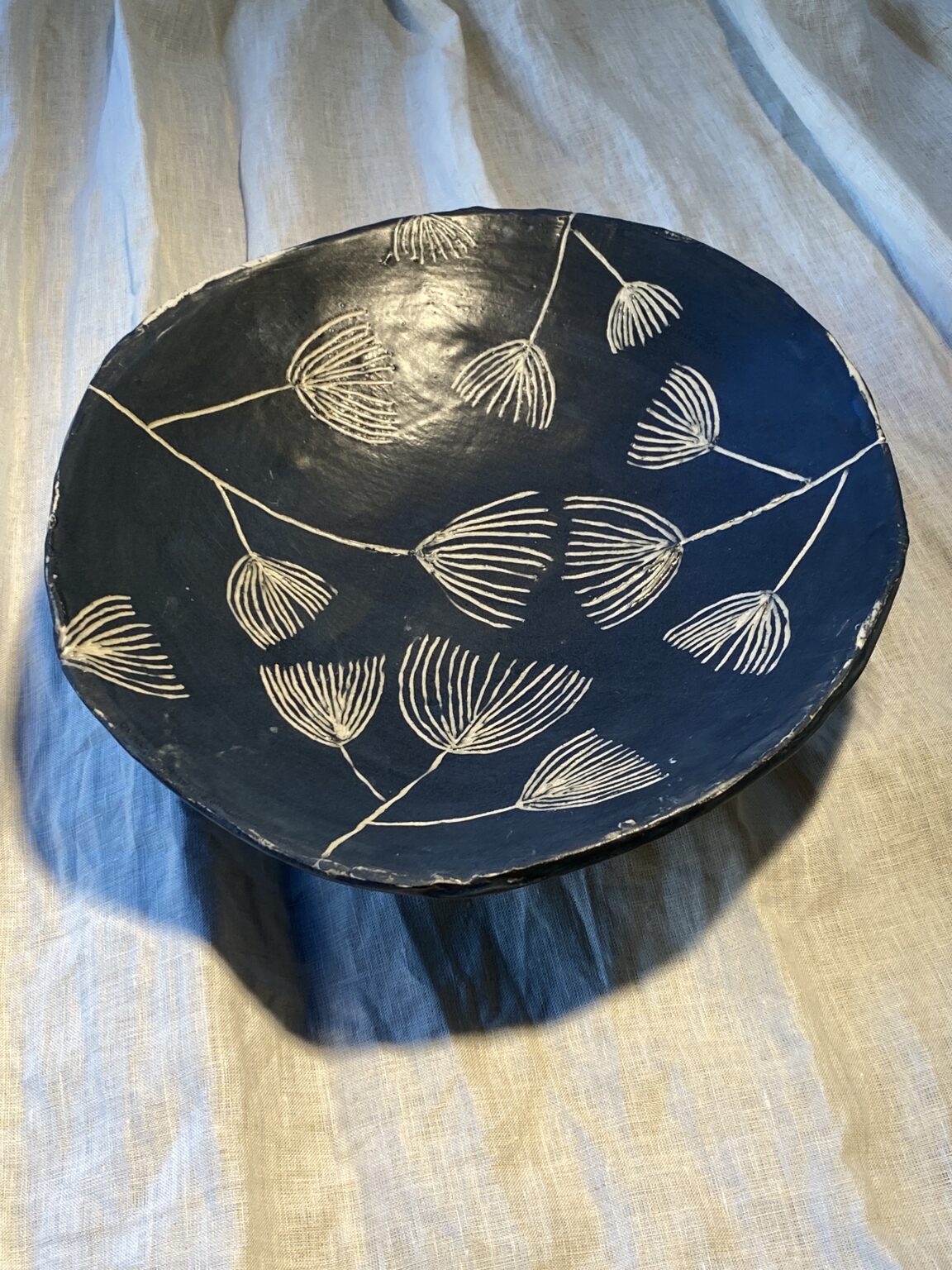 12 inch art pottery bowl with delicate ginkgo leaves covering entire surface